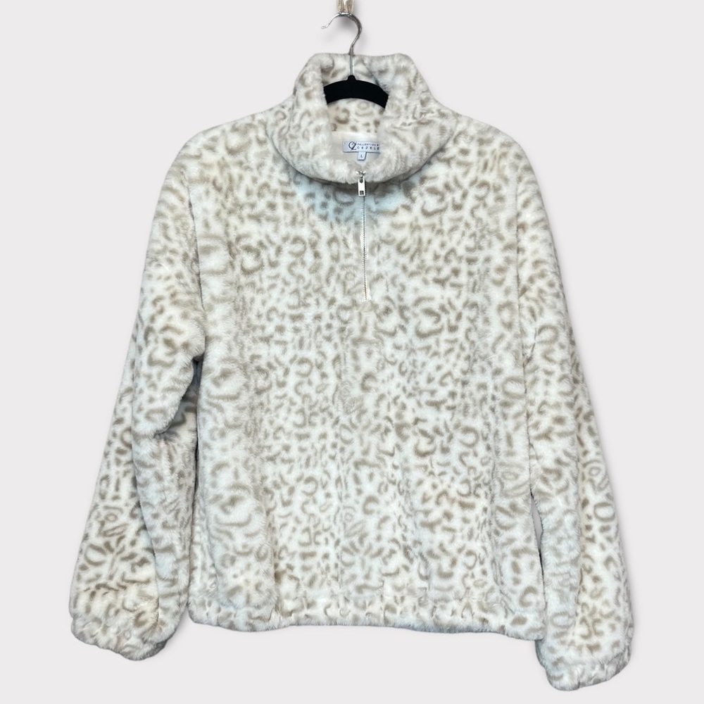 COLLECTION BY CEZELE Faux Fur Pullover Sweater Size Large Leopard White